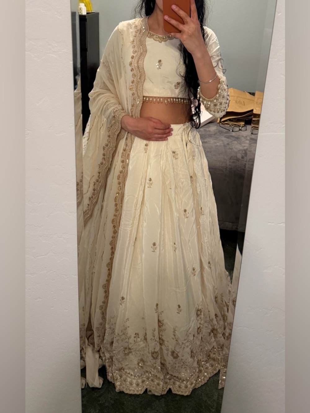 Ivory Embroidered Lehenga Set with Gold Accents
